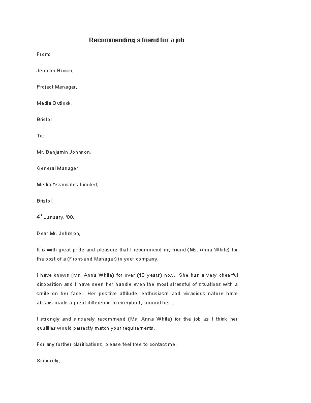 Letter Template For Recommending A Friend For A Job