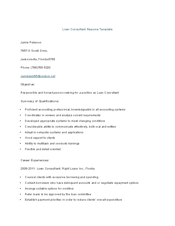 Loan Consultant Resume Template - PDFSimpli