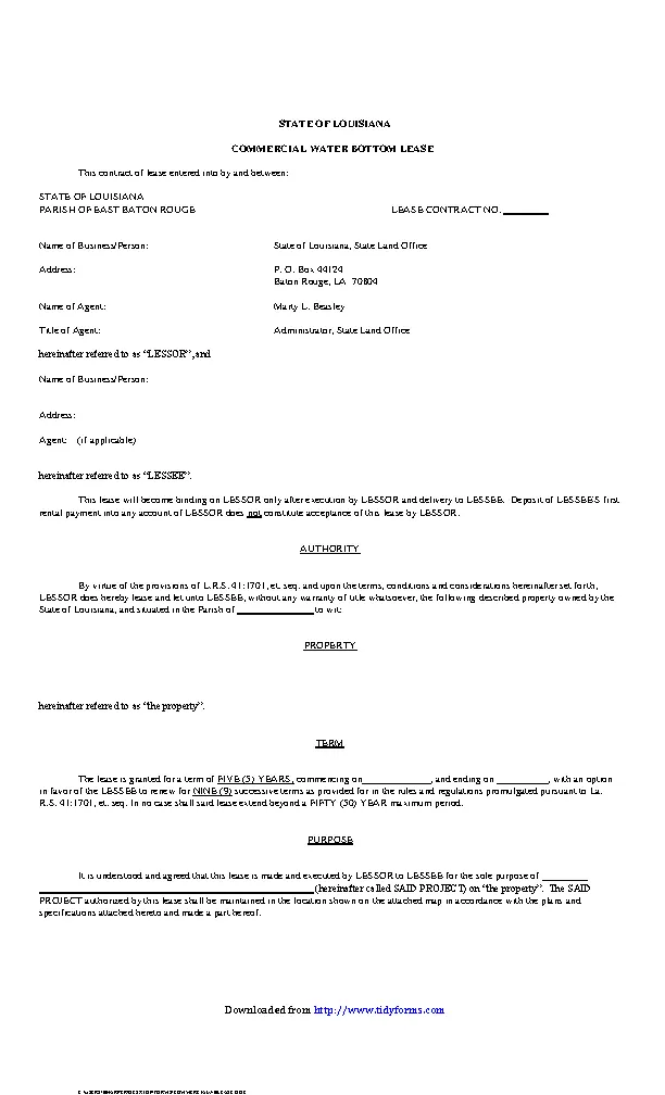 Louisiana Commercial Water Bottom Lease Form - Pdfsimpli