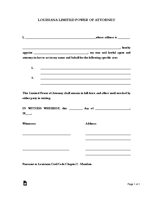 Louisiana Limited Power Of Attorney Form