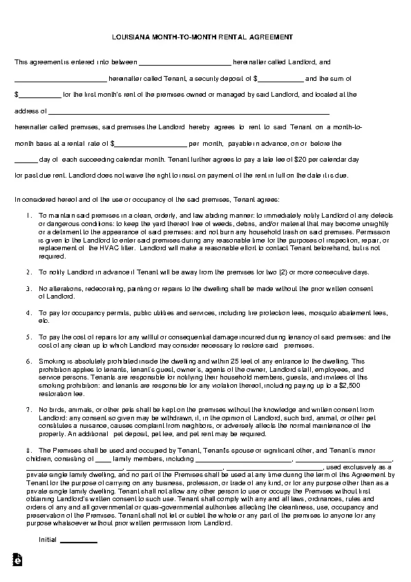 Louisiana Month To Month Rental Agreement Form