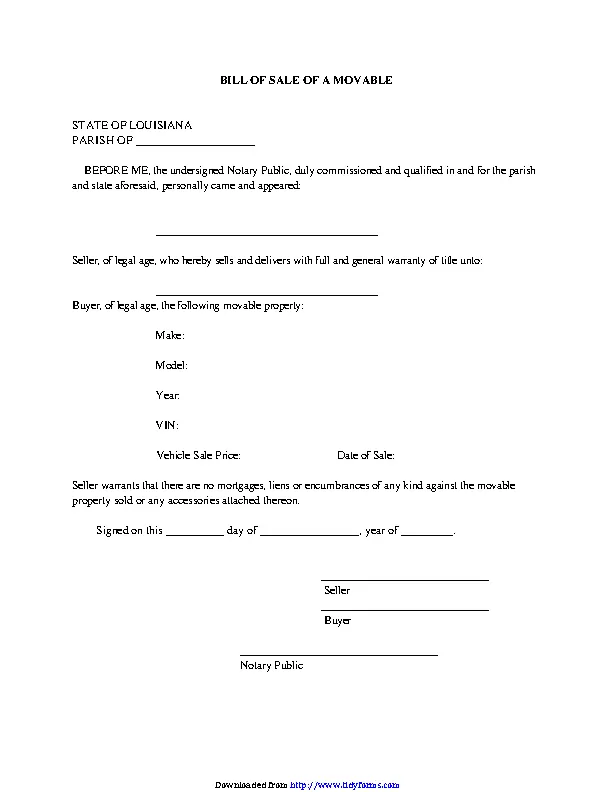 Louisiana Movable Property Bill Of Sale Form PDFSimpli