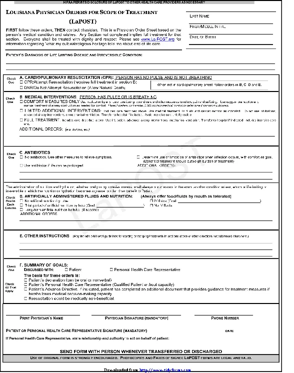 Louisiana Physician Orders For Scope Of Treatment Post Form - PDFSimpli