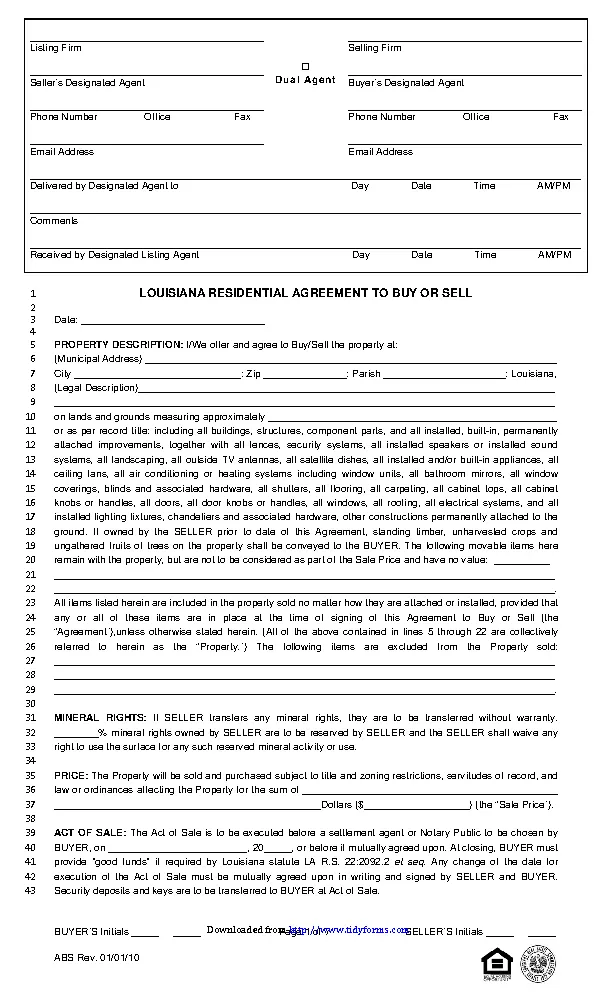 Louisiana Residential Agreement To Buy Or Sell