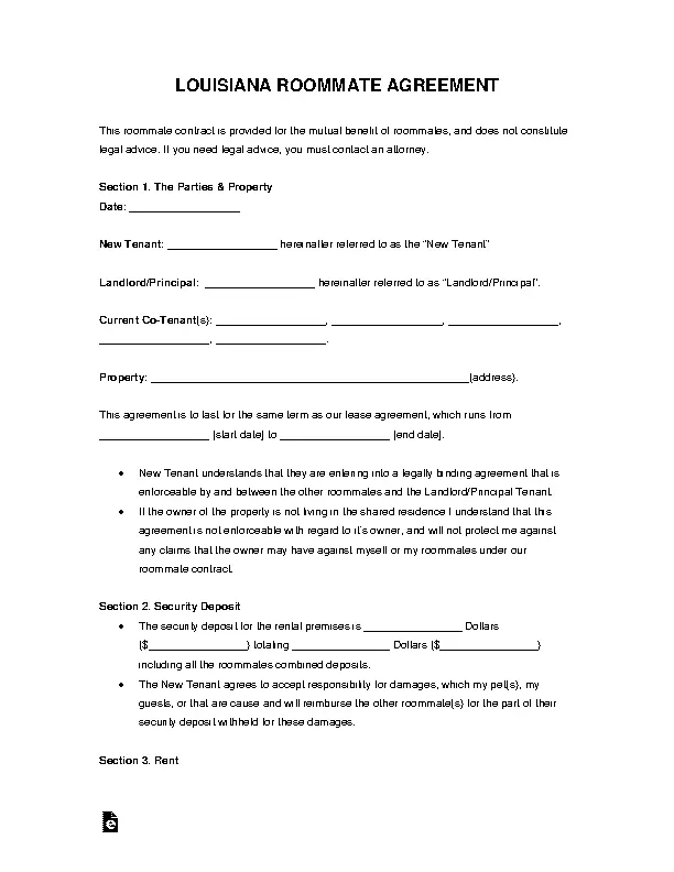 louisiana roommate agreement form - PDFSimpli