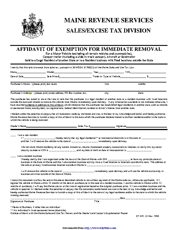 Maine Affidavit Of Exemption For Immediate Removal Form