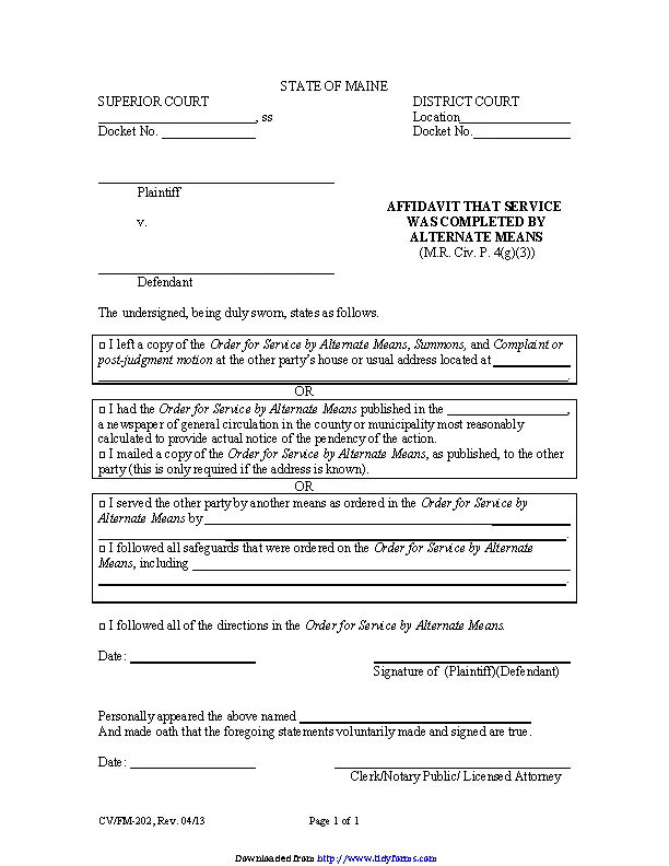 Maine Affidavit That Service Was Completed By Alternate Means Form