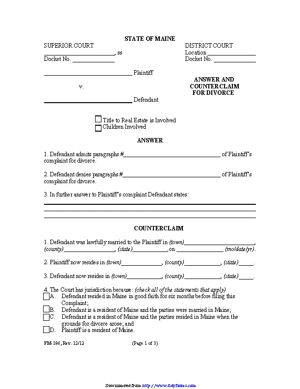 Maine Answer And Counterclaim For Divorce Form