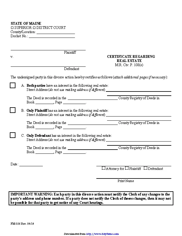 Maine Certificate Regarding Real Estate Form PDFSimpli