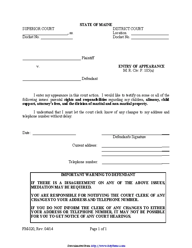 Maine Entry Of Appearance Form - PDFSimpli