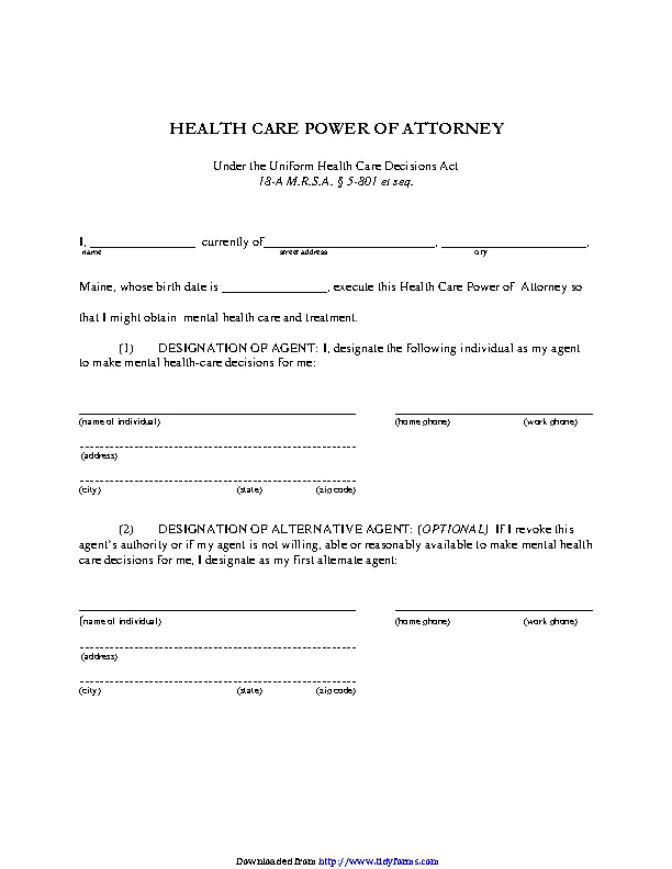 Maine Health Care Power Of Attorney Form 1 - PDFSimpli