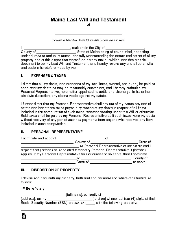 Maine Last Will And Testament Template