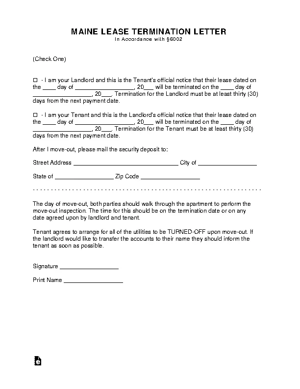 Maine Lease Termination Letter