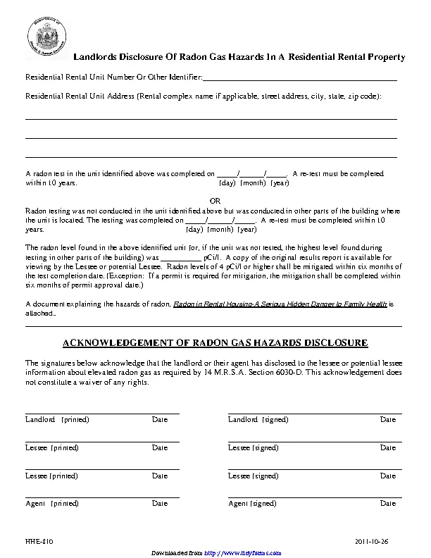 Maine Radon Rental Disclosure Form