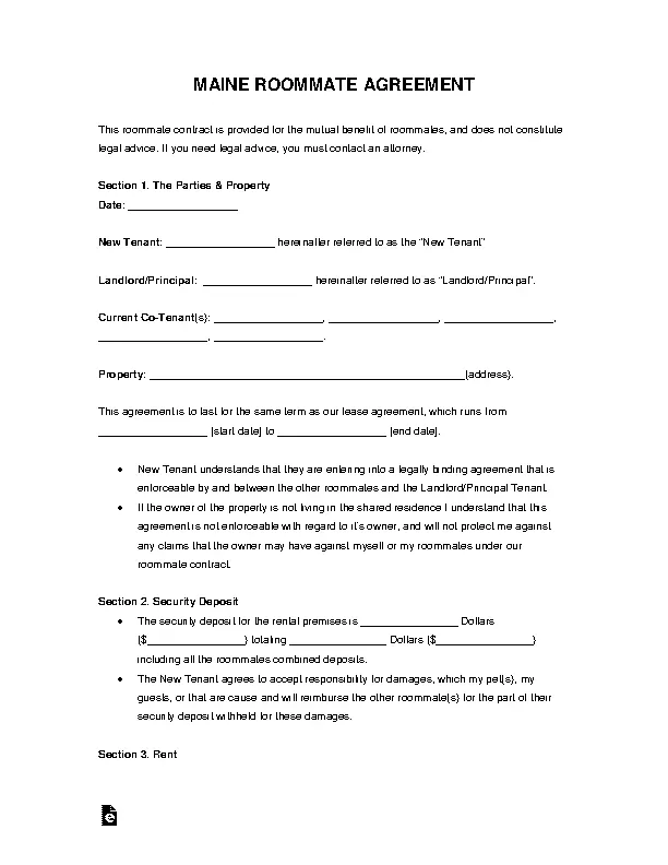 Maine Roommate Agreement Form