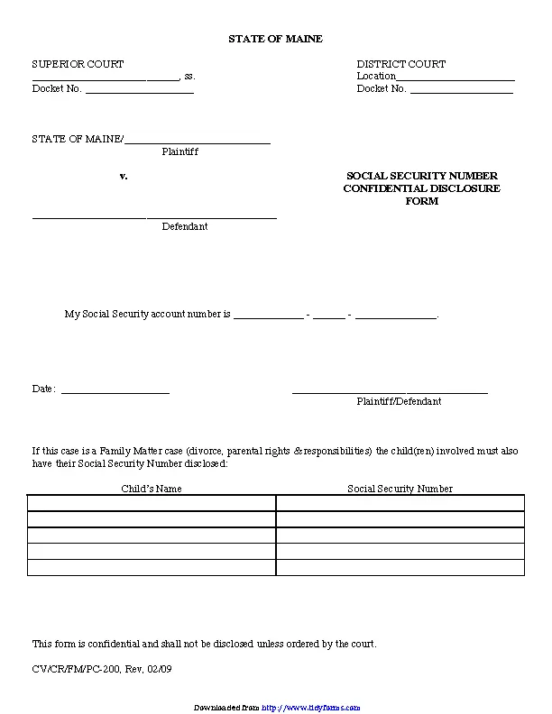 Maine Social Security Number Confidential Disclosure Form