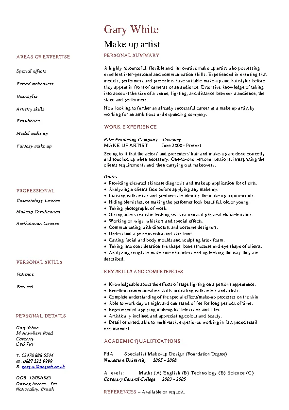 Makeup Artist Resume - PDFSimpli