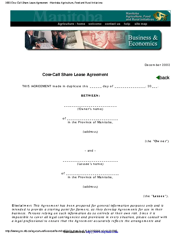 Manitoba Cow Calf Share Lease Agreement Form PDFSimpli