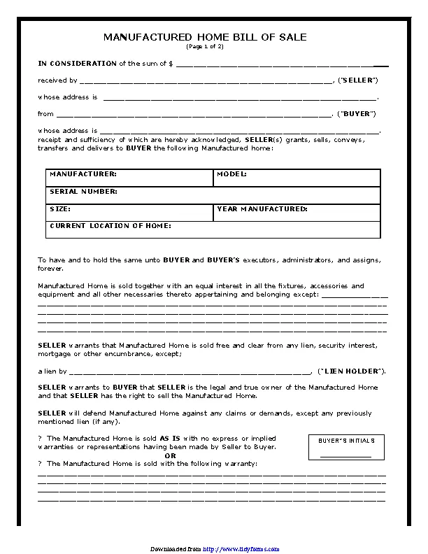 Manufactured Home Bill Of Sale - PDFSimpli