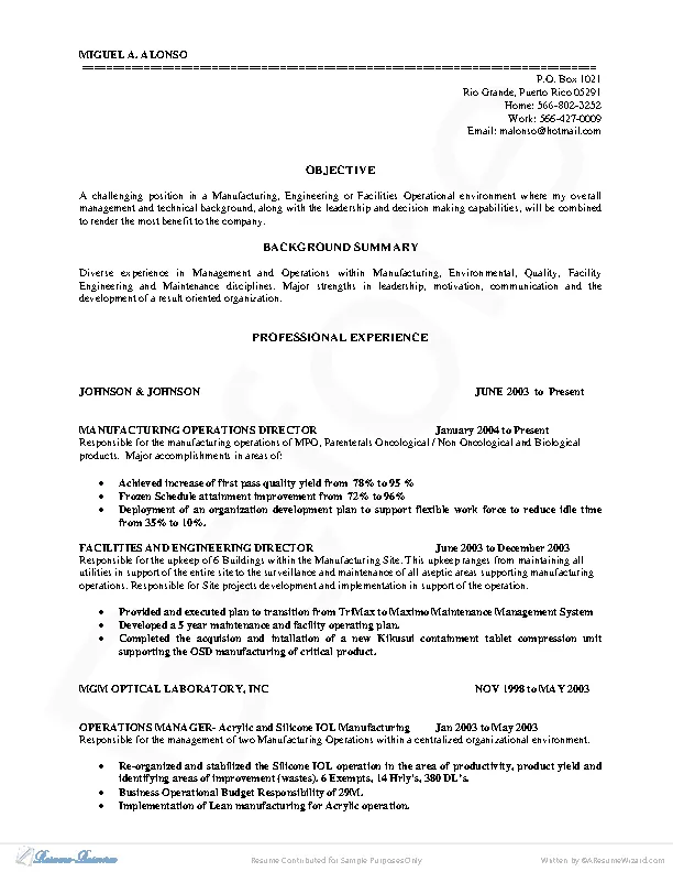 Manufacturing Manager Resume Template