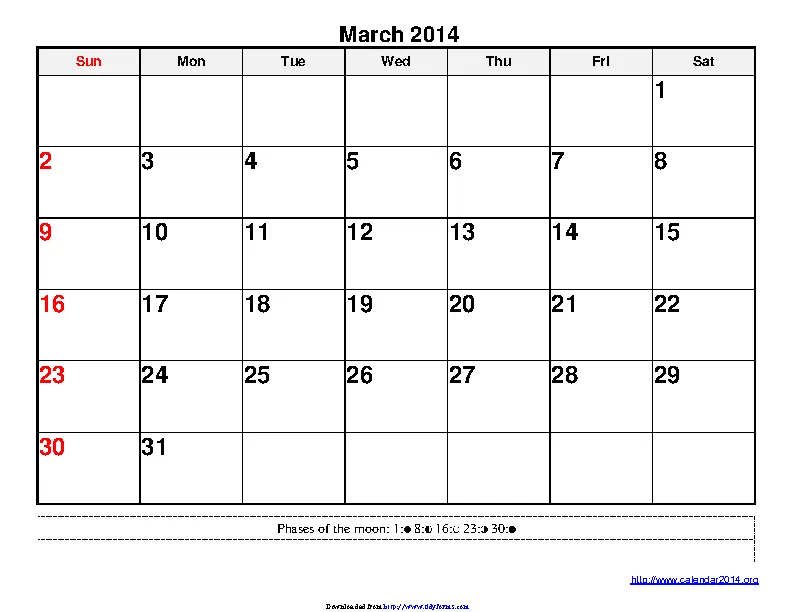 March 2014 Calendar 3 - PDFSimpli