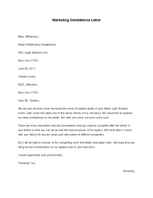 Marketing Condolence Letter