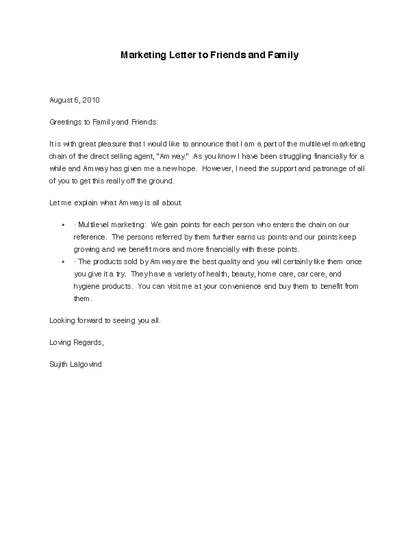 Marketing Letter To Friends And Family