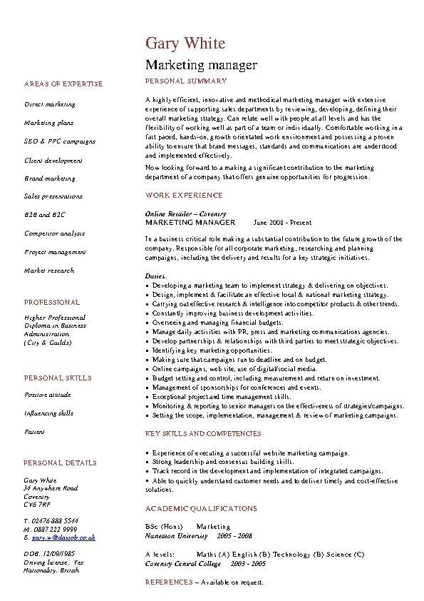 Marketing Manager Cv Example - PDFSimpli