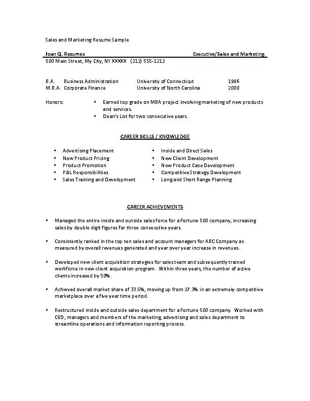 Marketing Sales Manager Resume - PDFSimpli