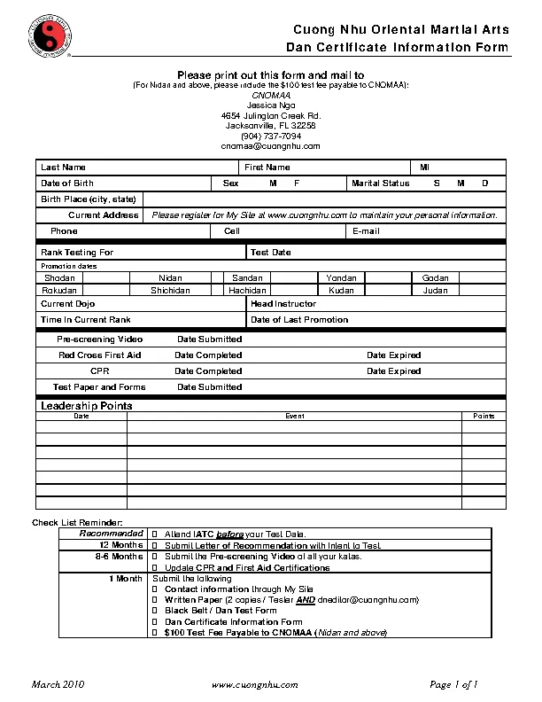 Martial Arts Certificate Information Form