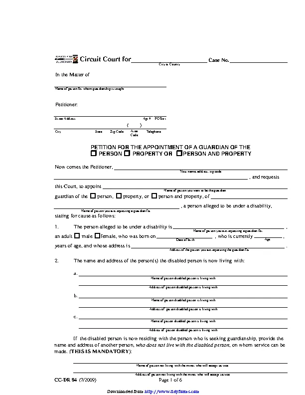 Maryland Guardianship Form 1 - PDFSimpli