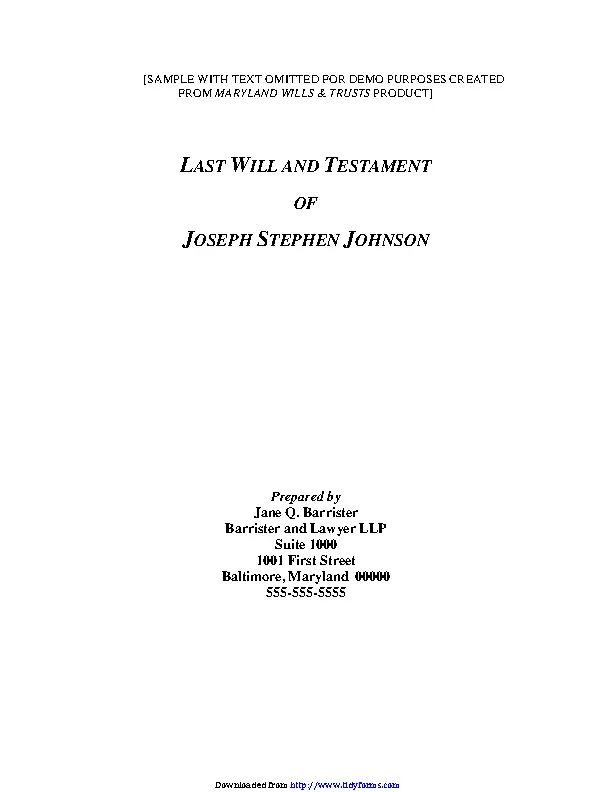 Maryland Last Will And Testament Sample