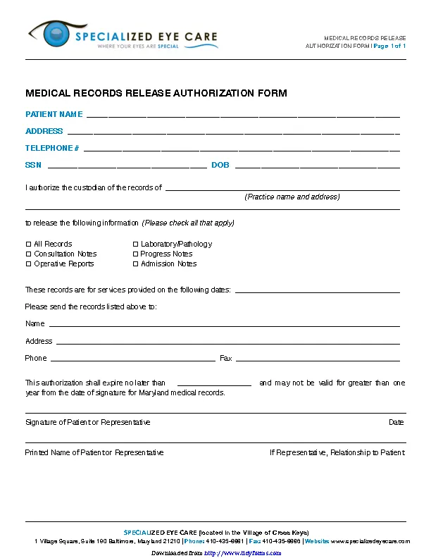 Maryland Medical Records Release Form 2 - PDFSimpli