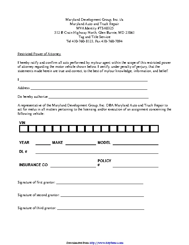 Maryland Restricted Power Of Attorney Form - PDFSimpli