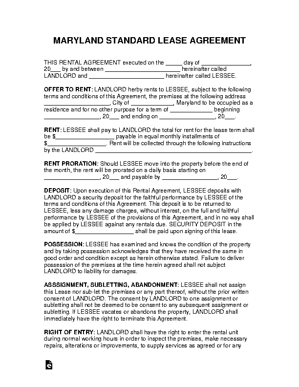 Maryland Standard Residential Lease Agreement Template