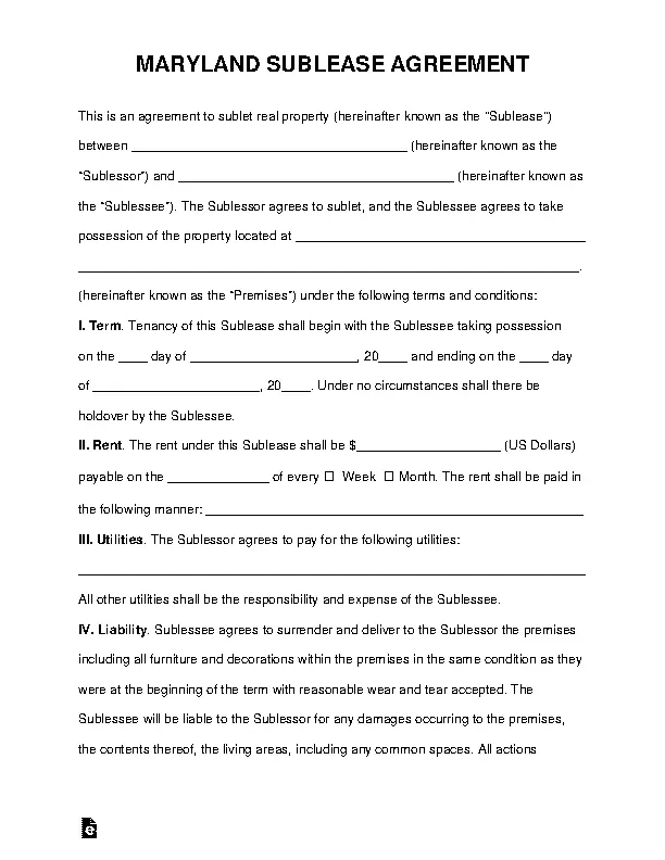 Maryland Sublease Agreement Template