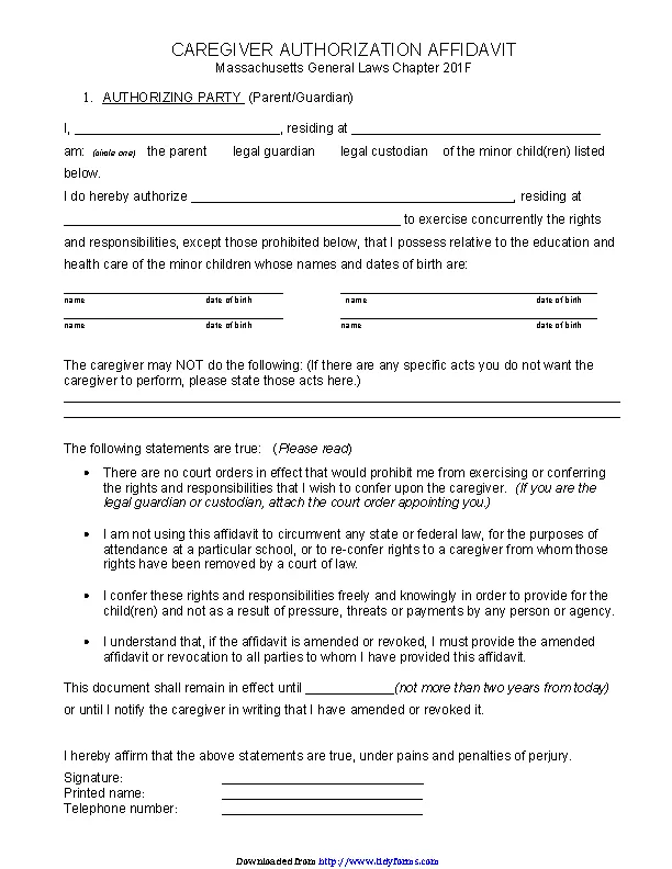 Massachusetts Caregiver Authorization Affidavit Form - PDFSimpli