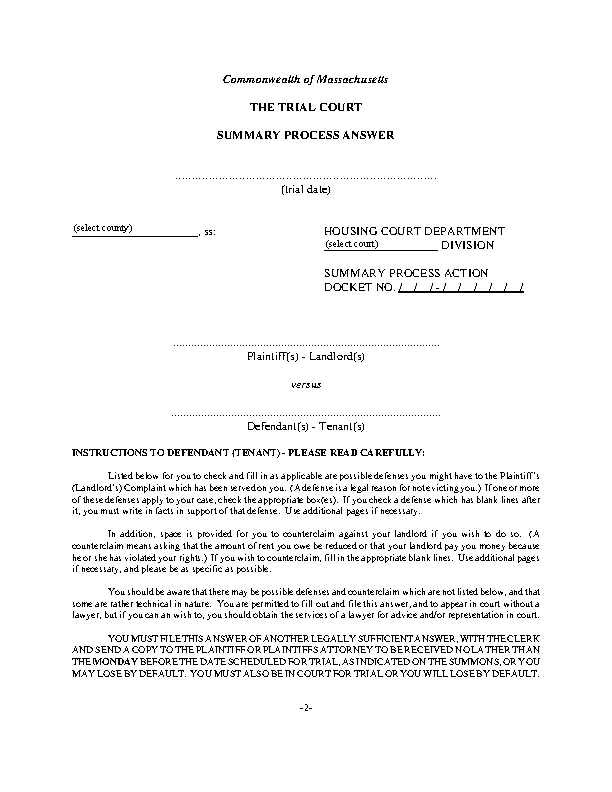 massachusetts eviction summary process answer form PDFSimpli