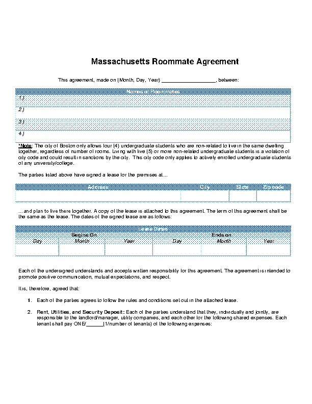 Massachusetts Roommate Agreement Form