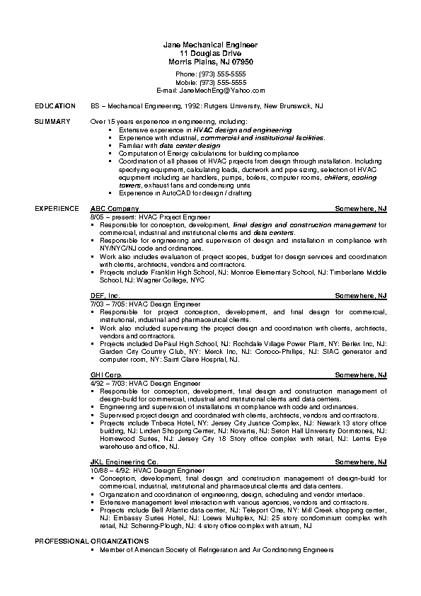 Mechanical Engineer Hvac Resume Free Pdf Download - PDFSimpli