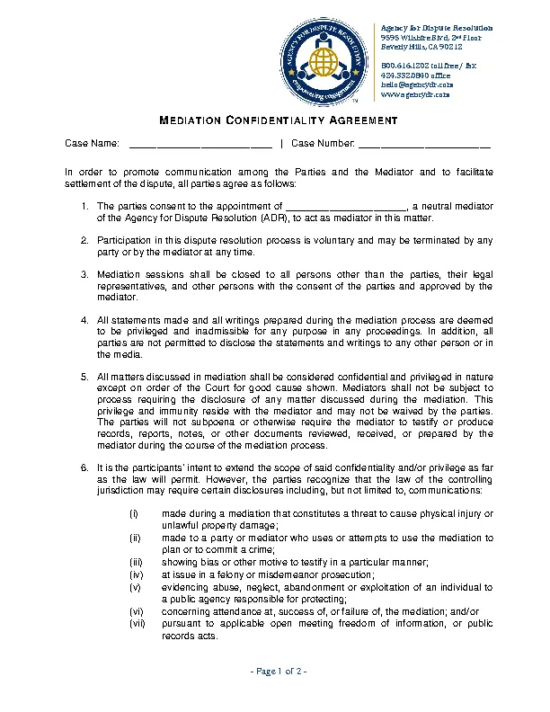 Mediation And Agency Confidentiality Agreement Example PDFSimpli
