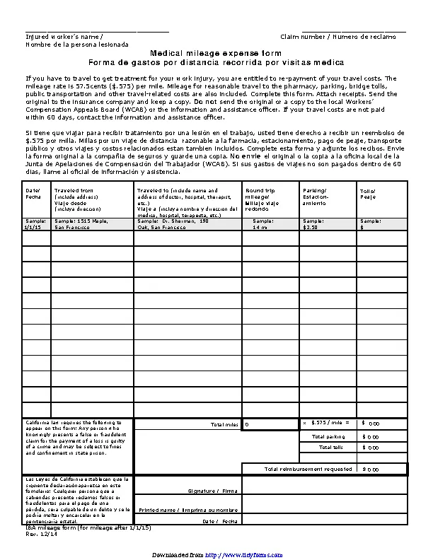 Medical Mileage Expense Form