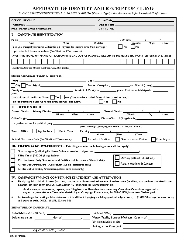 Michigan Affidavit Of Identity And Receipt Of Filing - Pdfsimpli