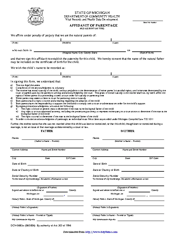 Michigan Affidavit Of Parentage - PDFSimpli