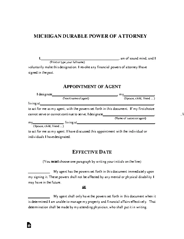 Michigan Durable Power Of Attorney Form