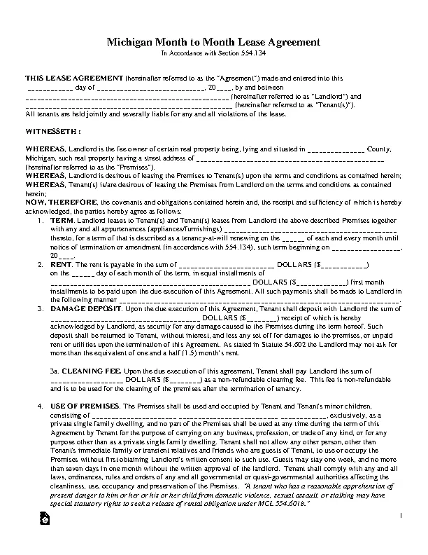 Michigan Month To Month Rental Agreement Form