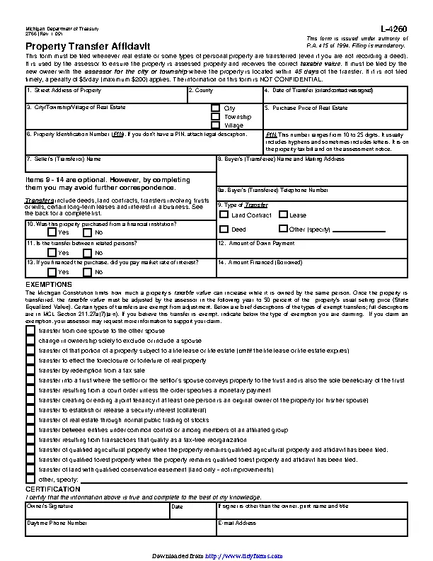 Michigan Property Transfer Affidavit PDFSimpli