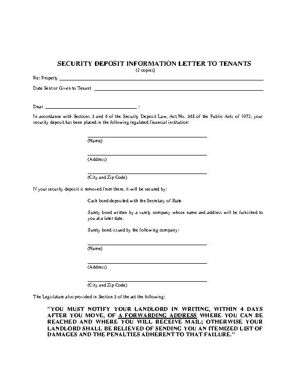 Michigan Security Deposit Notification Form