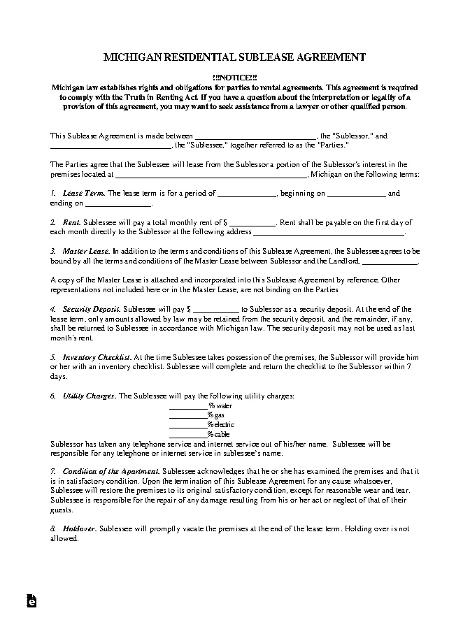 Michigan Sublease Agreement Form