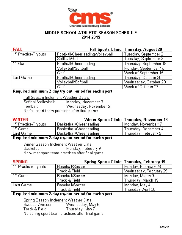 Middle School Sport Season Schedule Template